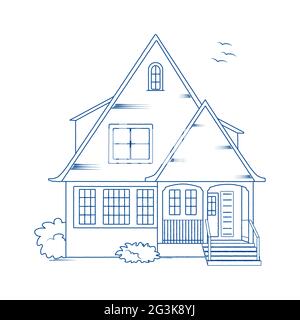 Blue color outline architectural sketch of a detached family house with garden. Vector Stock Vector