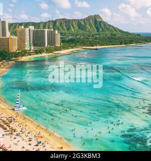 Hawaii waikiki beach in Honolulu city, aerial view of Diamond Head famous landmark travel destination. Mountain peak at sunset, Oahu island, USA Stock Photo