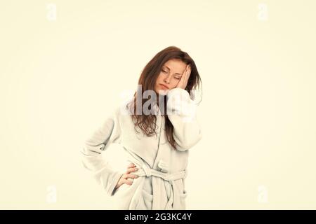 Tired again. Hard morning. Girl sleepy face. Insomnia effects. Sleepy woman Sleep disorders. Drowsy and weak in morning. Morning routine. Emotionally Stock Photo