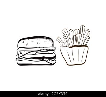 Illustration of doodle burger and fries icon Stock Photo