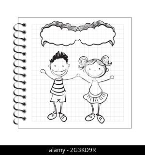 Illustration of doodle kids with speech bubble on notepad Stock Photo