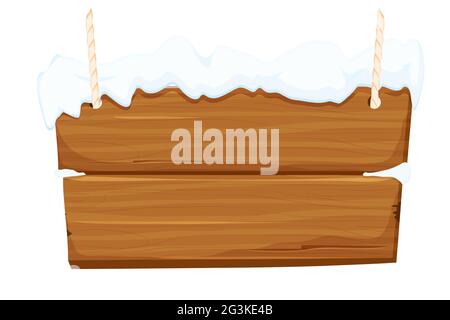 Hanging wooden signpost with rope and snow, textured frame in cartoon style isolated on white background. Ui asset, design element. Rural chain, old t Stock Vector