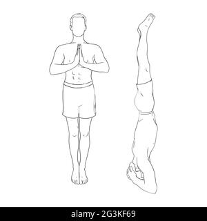 Yogi man in headstand and prayer pose. Man practicing yoga asanas. Engraved vector illustration in white background Stock Vector