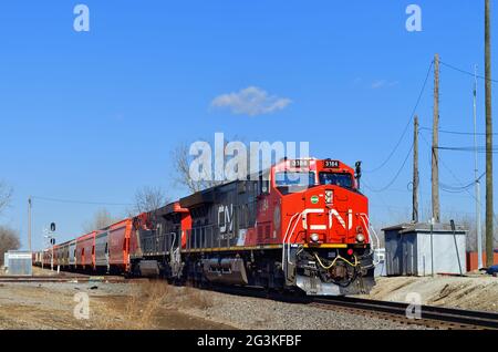 Bartlett, Illinois, USA. A pair of Canadian National Railway locomotives lead a grain train southbound through Spaulding Junction. Stock Photo