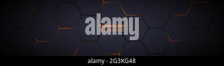 Dark gray and orange horizontal hexagonal technology abstract vector background. Orange bright energy flashes under hexagon in futuristic modern Stock Vector