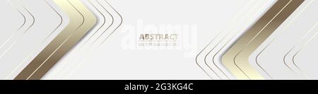 White wide luxury abstract background with golden lines and shadows, arrows and angles. Modern light wide banner with golden luminous lines. Sporty Stock Vector