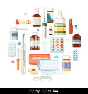 Medicines. Illustration with pills, capsules thermometer syringe bandage. Medicinal drugs. Pharmaceuticals Ambulance. Pharmacy. Isolated on white back Stock Vector