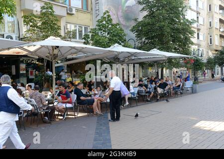 Vitosha Boulevard is a vibrant pedestrian street with many restaurants cafes and shops. Sofia, Bulgaria. Stock Photo