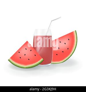 Realistic Watermelon Fruit Juice in Glass Straw Healthy Organic Drink Illustration Stock Vector