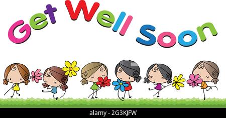 get well soon card cartoon girls with flowers Stock Photo