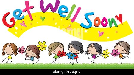 get well soon card cartoon girls with flowers Stock Photo
