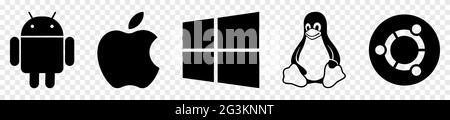 Vinnytsia, Ukraine - June 16, 2021 Set of operating system logos. Android, Mac Os, Windows, Ubuntu, Linux. Editorial illustration isolated on transpar Stock Vector