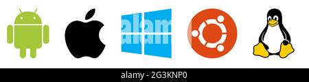 Vinnytsia, Ukraine - June 16, 2021 Set of top brand operating system logos. Android, Mac Os, Windows, Ubuntu, Linux. Editorial illustration isolated o Stock Vector