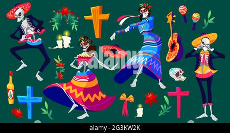 Mexican Day of the dead, Dia de los muertos skeletons characters and holiday items. Dancing Catrina and mariachi musicians, sugar skulls, cross, flowers and burning candles Cartoon vector illustration Stock Vector