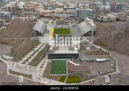 An aerial view of Sun Devil Stadium on the campus of Arizona State University, Tuesday, Jan. 26, 2021, in Tempe, Ariz. The stadium is the home of the Stock Photo