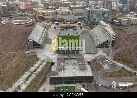 An aerial view of Sun Devil Stadium on the campus of Arizona State University, Tuesday, Jan. 26, 2021, in Tempe, Ariz. The stadium is the home of the Stock Photo