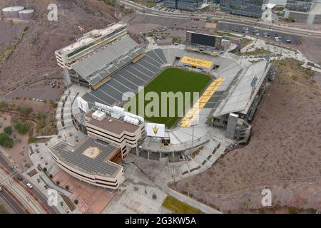 An aerial view of Sun Devil Stadium on the campus of Arizona State University, Tuesday, Jan. 26, 2021, in Tempe, Ariz. The stadium is the home of the Stock Photo