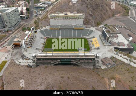 An aerial view of Sun Devil Stadium on the campus of Arizona State University, Tuesday, Jan. 26, 2021, in Tempe, Ariz. The stadium is the home of the Stock Photo