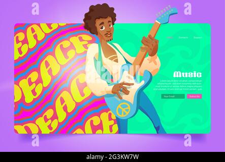 Hippie peace music cartoon landing page, hippy black man playing guitar, singing song. Culture of sixties, retro style performance or disco party with flowerchild guitarist musician, Vector web banner Stock Vector