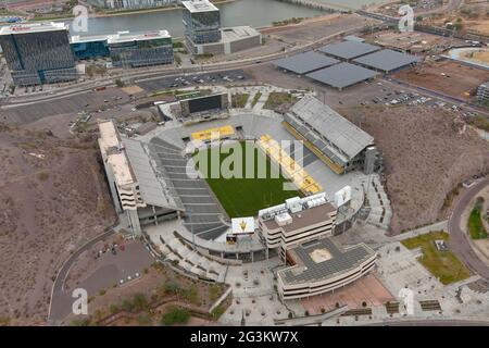 An aerial view of Sun Devil Stadium on the campus of Arizona State University, Tuesday, Jan. 26, 2021, in Tempe, Ariz. The stadium is the home of the Stock Photo