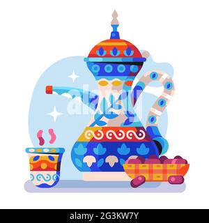 Arabic Coffee Pot with Tea Cup and Dates Stock Vector