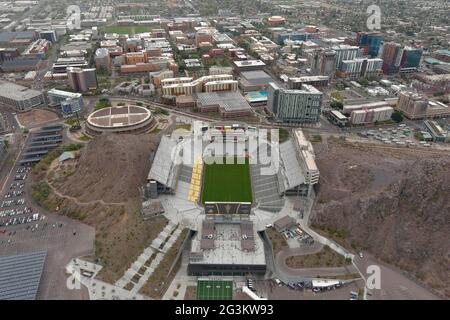 An aerial view of Sun Devil Stadium on the campus of Arizona State University, Tuesday, Jan. 26, 2021, in Tempe, Ariz. The stadium is the home of the Stock Photo