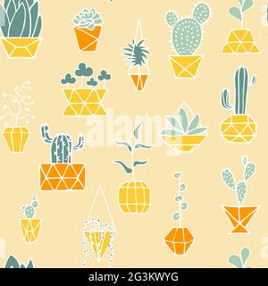 Doodle plant in faceted pot seamless pattern. Hand drawn leaves, succulents, cactus with poly yellow, orange flower pot. Cartoon home plants on light Stock Vector