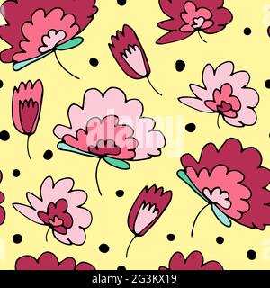 Seamless vector floral pattern. Hand-drawn pink plants on yellow dotted background. Doodle dot illustration for wallpaper, cards, wrapping paper, Wome Stock Vector