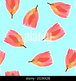 Seamless floral sticker vector pattern. Pink Protea flowers on blue background. Lines, flowers, plants illustration for wrapping paper, cards, clothes Stock Vector