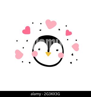 Kawaii penguin in love. Cute bird with eyes and pink hearts around isolated on a white background. Minimalistic surprised character - vector illustrat Stock Vector