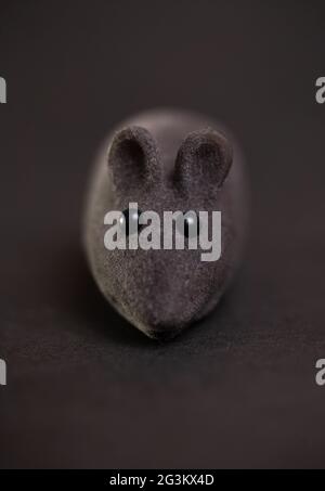 toy gray mouse for cats on a dark background. Stock Photo