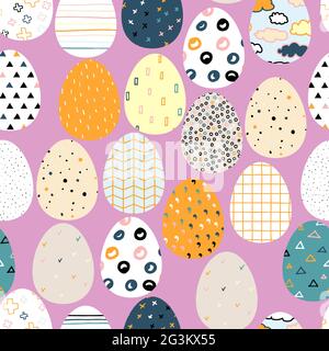 Seamless vector Happy Easter pattern. Easter eggs painted with colored Scandinavian ornaments on a purple background. Festive spring Polka dot, stripe Stock Vector