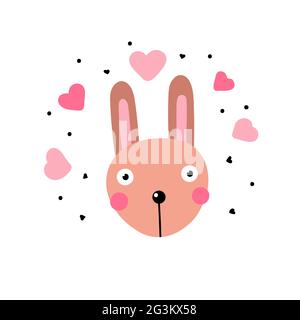 Kawaii rabbit in love. Cute beige bunny with big eyes and pink hearts around isoded on a white background. Minimalistic surprised character - vector i Stock Vector