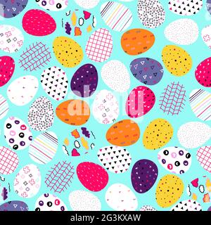 Seamless vector cartoon Happy Easter pattern. Easter painted eggs with colored Scandinavian ornaments on blue background. Festive spring Polka dot, st Stock Vector