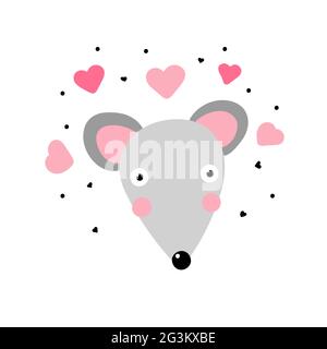 Kawaii mouse in love. Cute gray mouse with big eyes and pink hearts around isoded on a white background. Minimalistic surprised character - vector ill Stock Vector