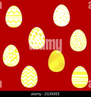 Seamless vector Happy Easter pattern. Easter eggs painted with yellow watercolor ornaments on a red background. Festive spring Polka dot, stripes, zag Stock Vector