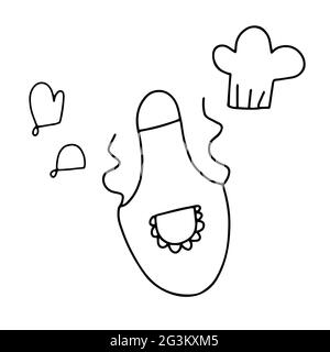Doodle kitchen set. Outline Apron, potholder, cap isolated on white background. Home cooking clothes. Retro culinary style things. Cute vintage look. Stock Vector
