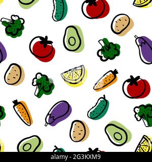 Vegetables set Seamless pattern. Broccoli, avocado, carrot, potato, tomato, cucumber, eggplant, lemon on white background. Hand drawn fresh vegetables Stock Vector