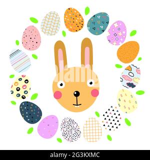Happy easter frame. A border of Easter painted eggs and green leaves. Cute smiling easter bunny. Kawaii festive character, egg hunt symbol. Eggs with Stock Vector