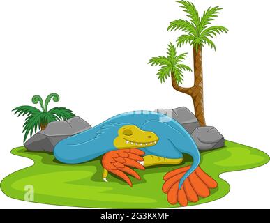 Cartoon cute blue dinosaur sleeping in grass Stock Vector