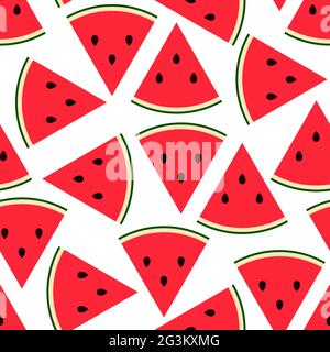 Seamless Watermelon slice pattern. Flat Sweet fresh fruit Isolated on white background. Colorful bright summer food. Red cut triangular melon with see Stock Vector
