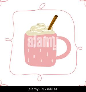 Seamless Cute Scandinavian vector pattern. A pink cup is filled with hot drink, foam, cream, cinnamon. Eggnog, coffee, cocoa, chocolate, milk on a whi Stock Vector