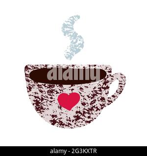 Cute mug with hot coffee. Hand drawn cup with tea, coffee isolated on white background. Brown texture, pink heart, steam. Cozy vector sticker. Good mo Stock Vector