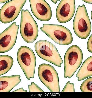 Seamless low poly avocado pattern. Vector polygonal avocado sign isolated on white background. Green healthy fruits, proper nutrition, snacks, vegetab Stock Vector