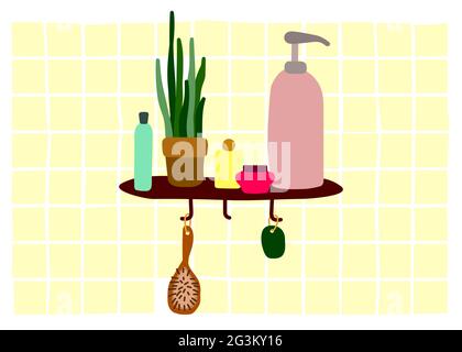 Scandinavian cozy Vector interior. Shelf with cosmetics on the tiles wall in the bathroom. Hygge minimalistic hand-drawn illustration with home plants Stock Vector