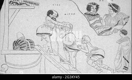 theatre / theater, ancient world, scene from Greek comedy, drawing, from: Hugo Bluemner, ARTIST'S COPYRIGHT HAS NOT TO BE CLEARED Stock Photo