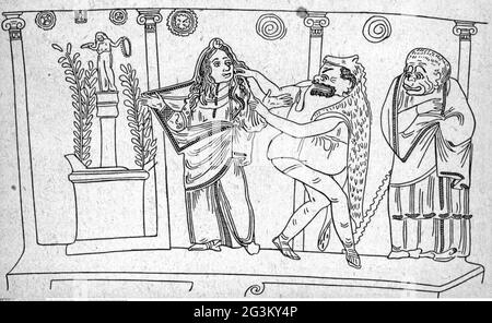 theatre / theater, ancient world, scene from Greek comedy, after vase painting, drawing, 19th century, ARTIST'S COPYRIGHT HAS NOT TO BE CLEARED Stock Photo