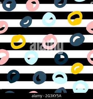 Seamless abstract scandinavian pattern. Background with black and white lines and colored circles. Pink, blue, yellow rings on a striped background. I Stock Vector
