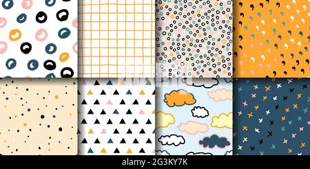 Set of 8 seamless patterns. Eight pastel multicolor ornaments in a Scandinavian minimalist style. Hand-drawn geometric backgrounds for prints, wallpap Stock Vector