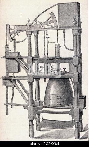 technics, machinery, atmospheric steam engine of Thomas Newcomen, 1712, wood engraving, ARTIST'S COPYRIGHT HAS NOT TO BE CLEARED Stock Photo